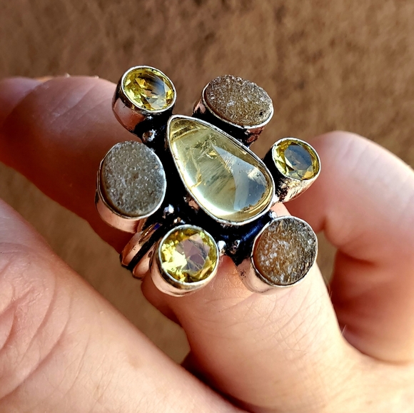 New Golden Rutile, Druzy & Citrine 925 Silver Ring. - Picture 4 of 7